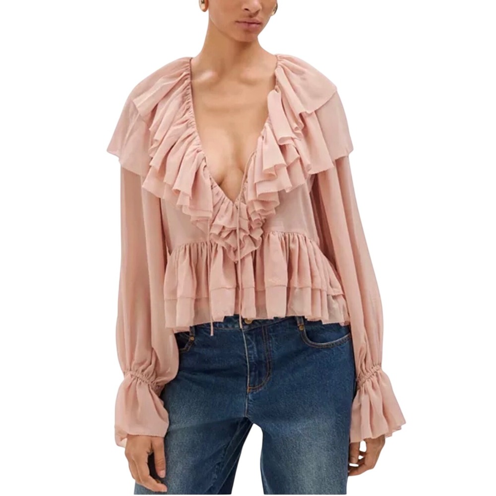 NWT Torn by Ronny Kobo Rhea Soraya Ruffles Blouse Women size S Peasant Blush